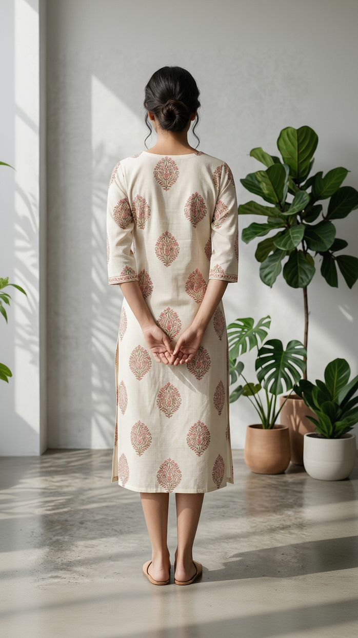 Off White Floral Cotton Kurta – Pink Lotus Motif Print – Elegant V-Neck Daily Wear for Women
