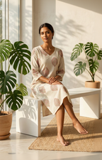 Off White Floral Cotton Kurta – Pink Lotus Motif Print – Elegant V-Neck Daily Wear for Women