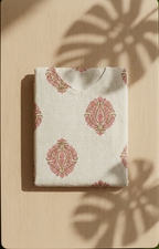 Off White Floral Cotton Kurta – Pink Lotus Motif Print – Elegant V-Neck Daily Wear for Women