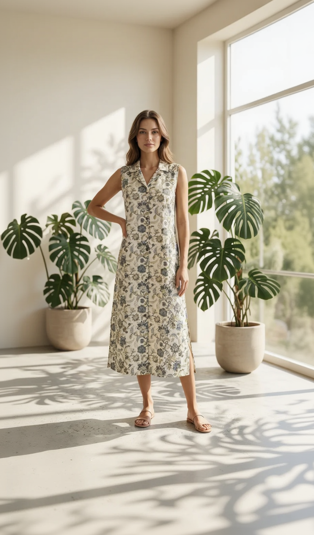 Off-White and Blue Floral Cotton Kurta – Vintage Print Shirt Style Kurta– Sleeveless Daily Wear Set for Women - Sleeve Attached