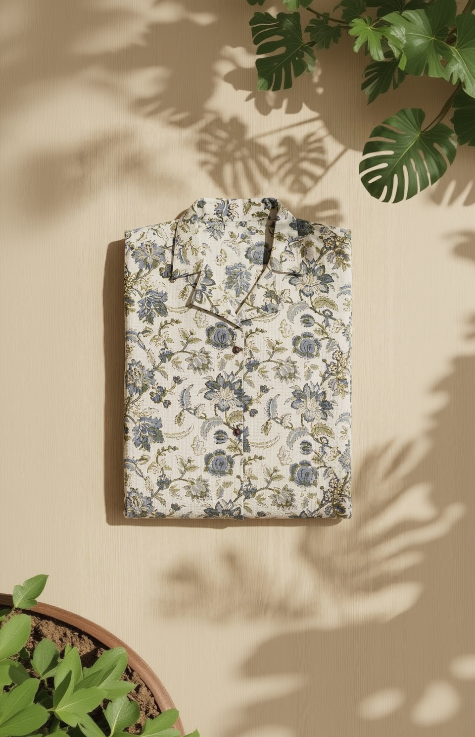 Off-White and Blue Floral Cotton Kurta – Vintage Print Shirt Style Kurta– Sleeveless Daily Wear Set for Women - Sleeve Attached