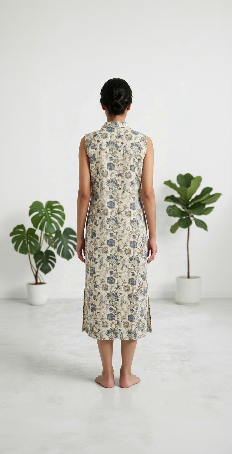 Off-White and Blue Floral Cotton Kurta – Vintage Print Shirt Style Kurta– Sleeveless Daily Wear Set for Women - Sleeve Attached