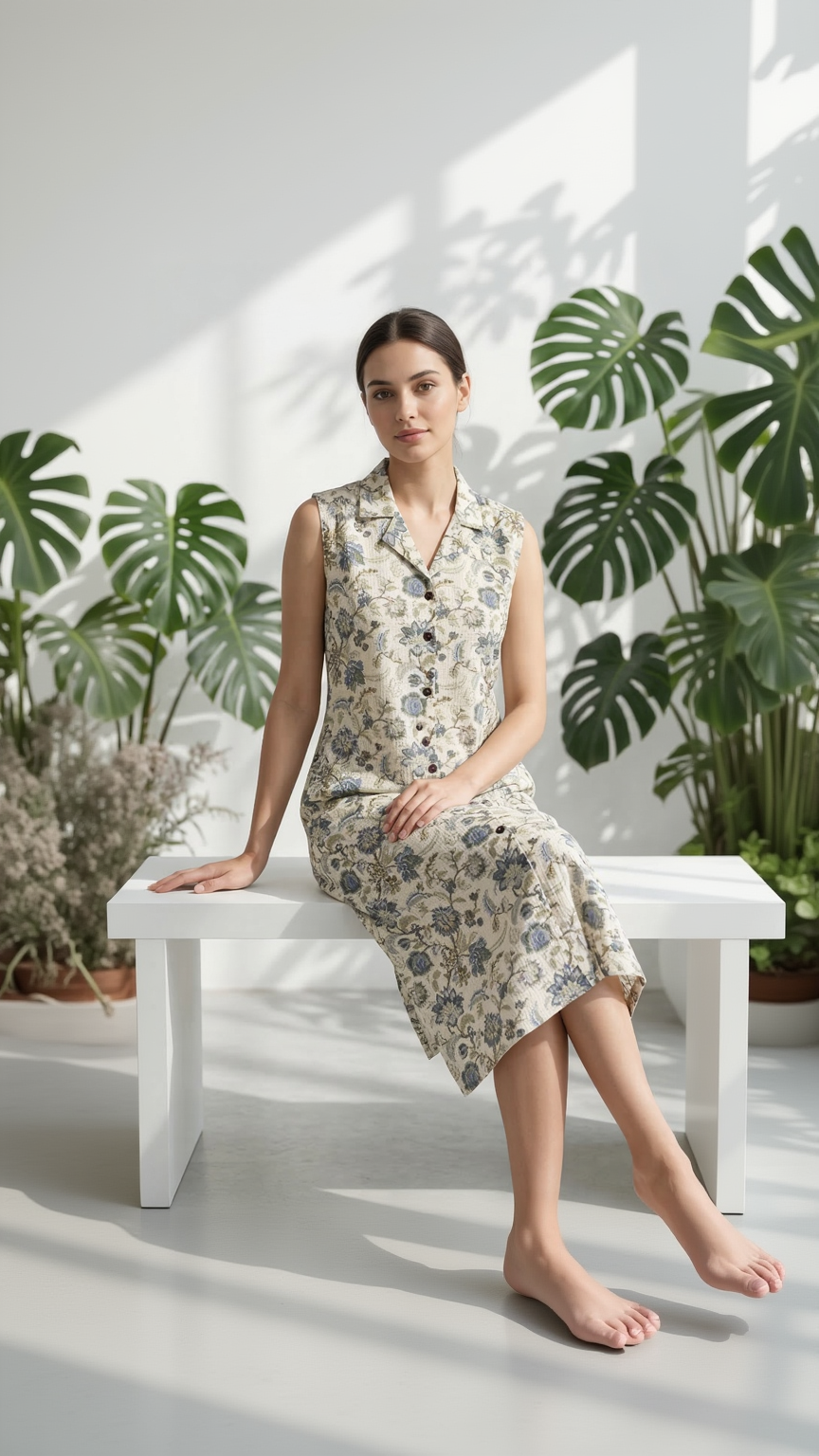 Off-White and Blue Floral Cotton Kurta – Vintage Print Shirt Style Kurta– Sleeveless Daily Wear Set for Women - Sleeve Attached
