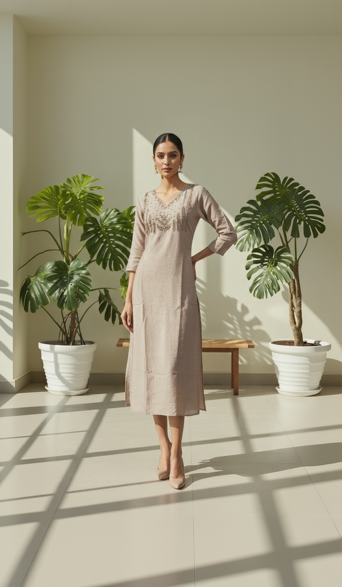 Women’s A-Line Kurti in Crushed Nylon with Bead Handwork and Lining