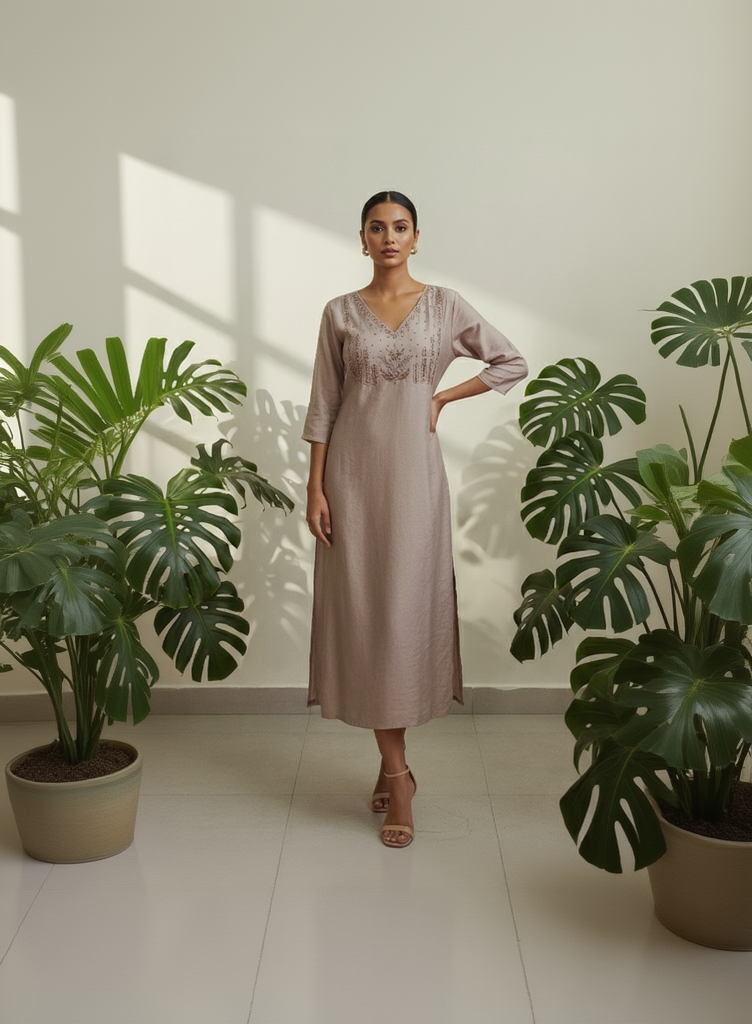 Women’s A-Line Kurti in Crushed Nylon with Bead Handwork and Lining