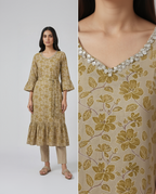 Olive Gold Cotton Slub Floral Midi Dress – Hand-Embellished V-Neck – Ruffled Sleeve & Hem Detail