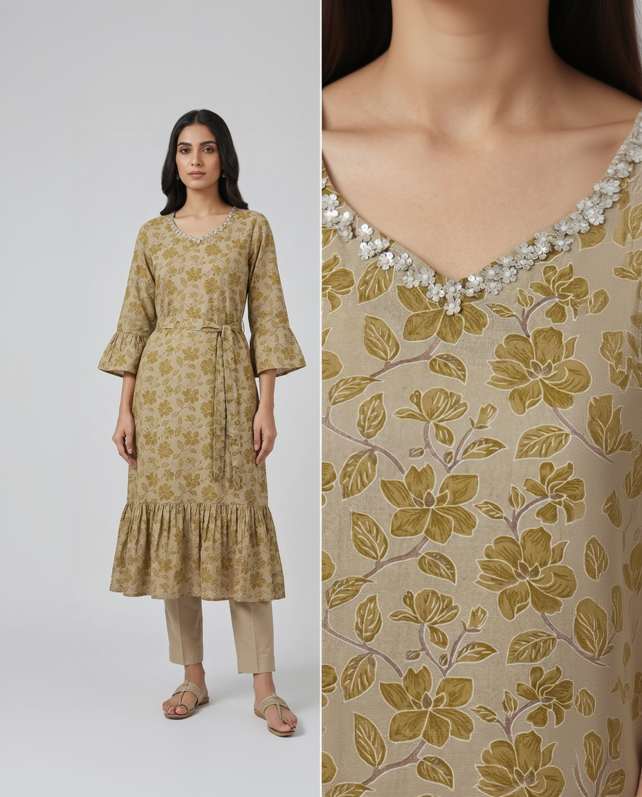 Olive Gold Cotton Slub Floral Midi Dress – Hand-Embellished V-Neck – Ruffled Sleeve & Hem Detail