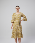 Olive Gold Cotton Slub Floral Midi Dress – Hand-Embellished V-Neck – Ruffled Sleeve & Hem Detail