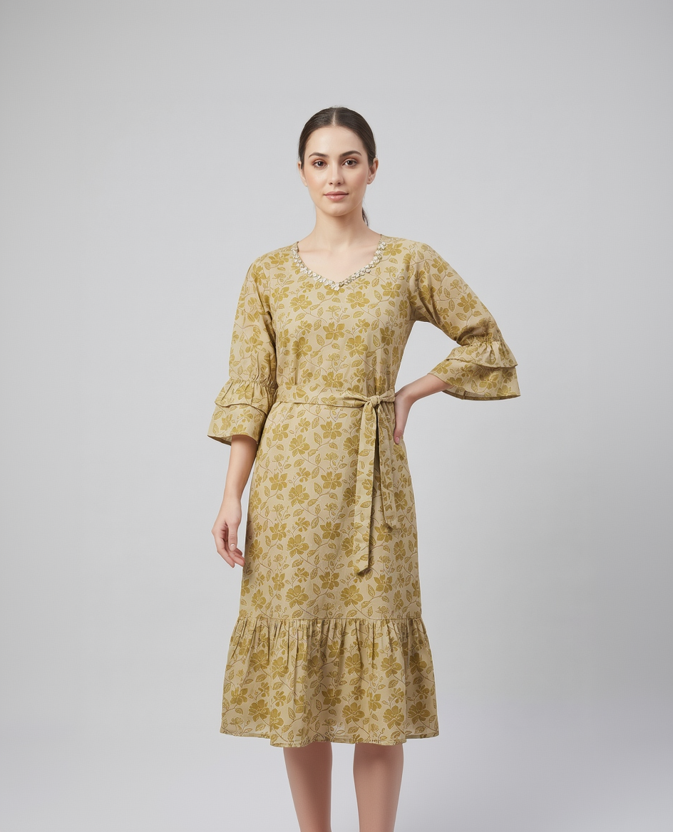 Olive Gold Cotton Slub Floral Midi Dress – Hand-Embellished V-Neck – Ruffled Sleeve & Hem Detail
