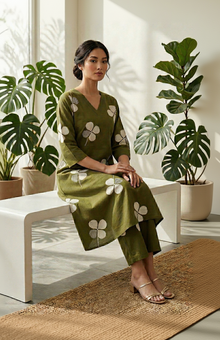 Gemini said Olive Green Floral Cotton Kurta Pant Set – Clover Leaf Daily Wear – Elegant V-Neck Co-ord for Women