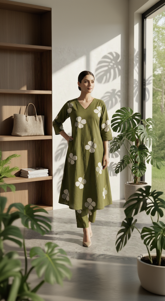 Gemini said Olive Green Floral Cotton Kurta Pant Set – Clover Leaf Daily Wear – Elegant V-Neck Co-ord for Women