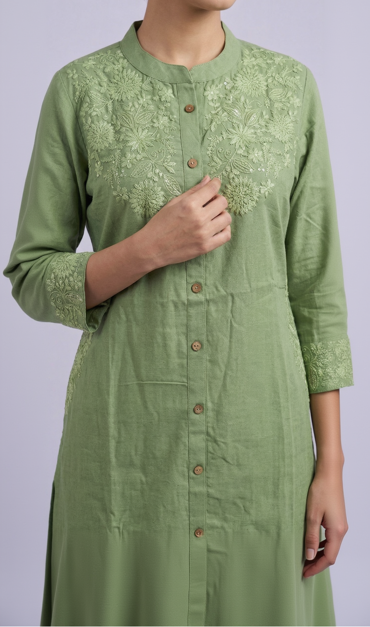 Olive Green Cotton Linen Kurta Set – Tonal Floral Embroidery – Sophisticated 2-Piece Co-ord