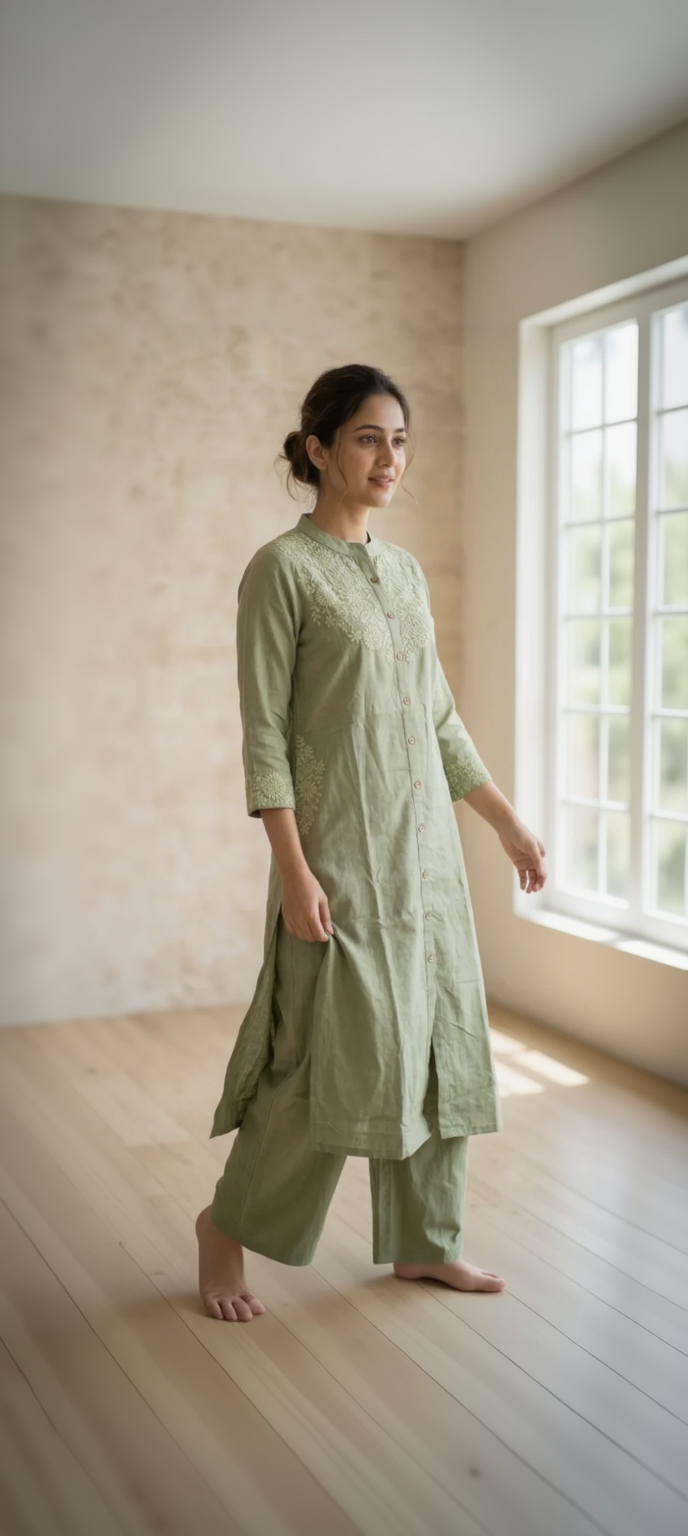 Olive Green Cotton Linen Kurta Set – Tonal Floral Embroidery – Sophisticated 2-Piece Co-ord