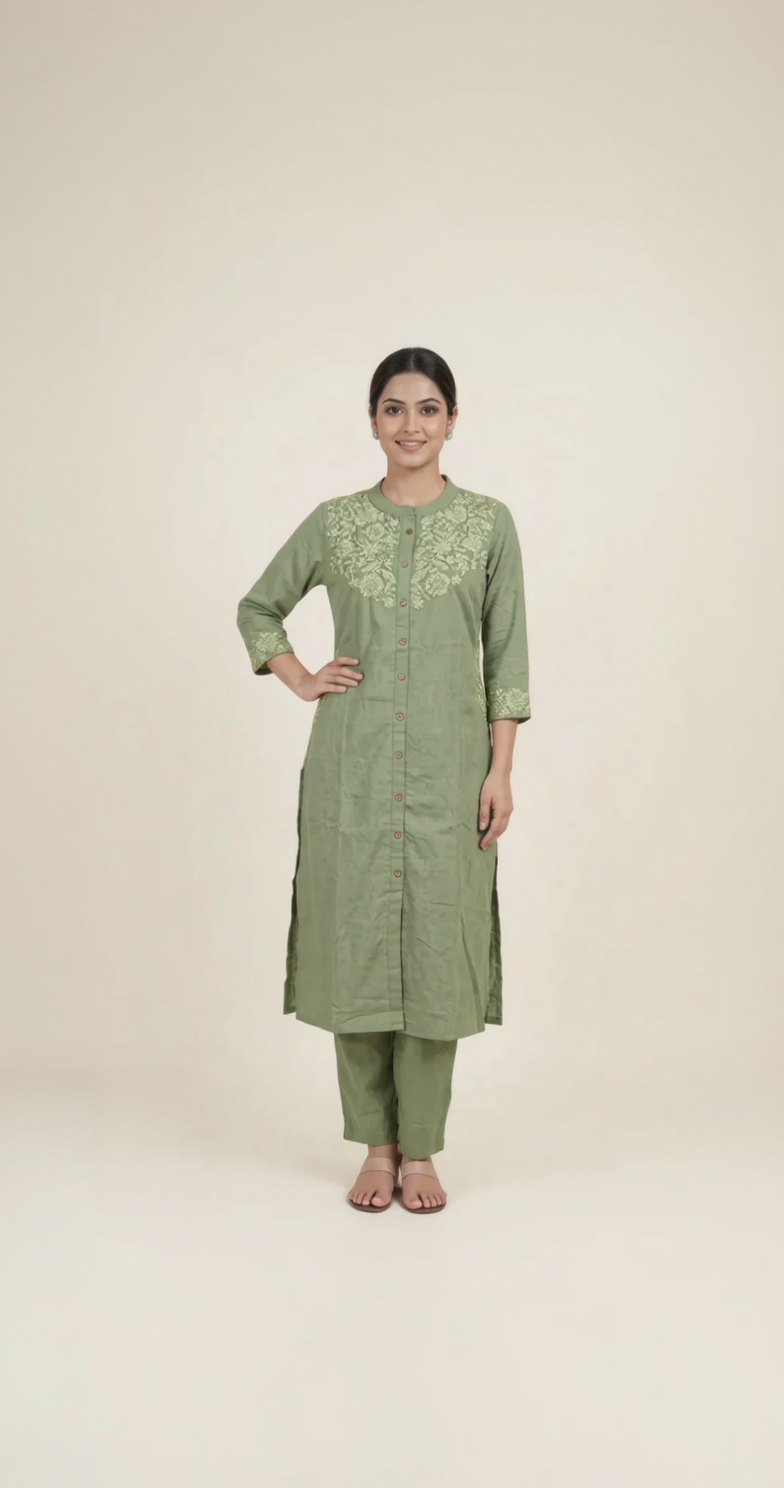 Olive Green Cotton Linen Kurta Set – Tonal Floral Embroidery – Sophisticated 2-Piece Co-ord