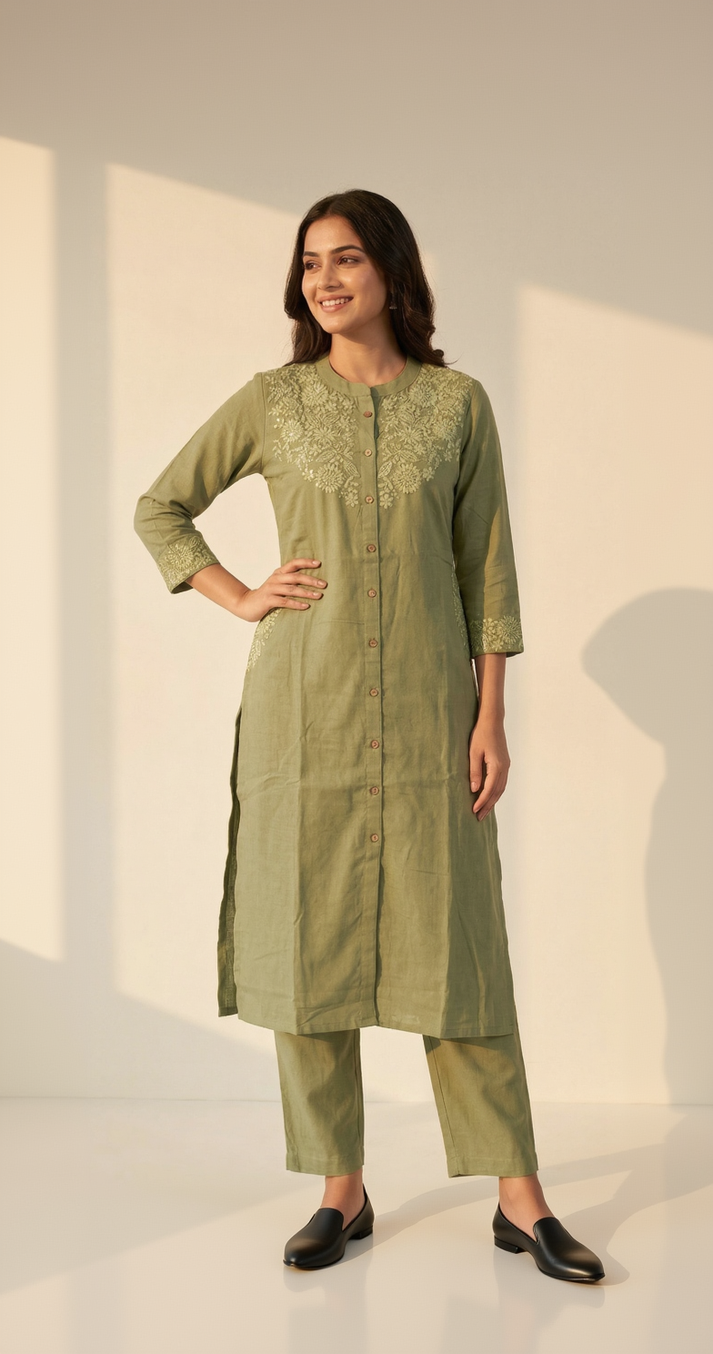 Olive Green Cotton Linen Kurta Set – Tonal Floral Embroidery – Sophisticated 2-Piece Co-ord