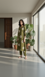 Gemini said Olive Green Floral Cotton Kurta Pant Set – Clover Leaf Daily Wear – Elegant V-Neck Co-ord for Women