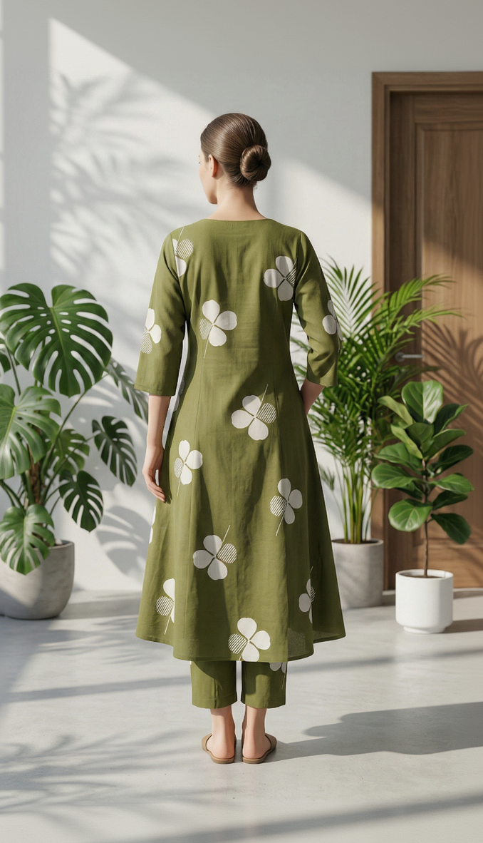 Gemini said Olive Green Floral Cotton Kurta Pant Set – Clover Leaf Daily Wear – Elegant V-Neck Co-ord for Women