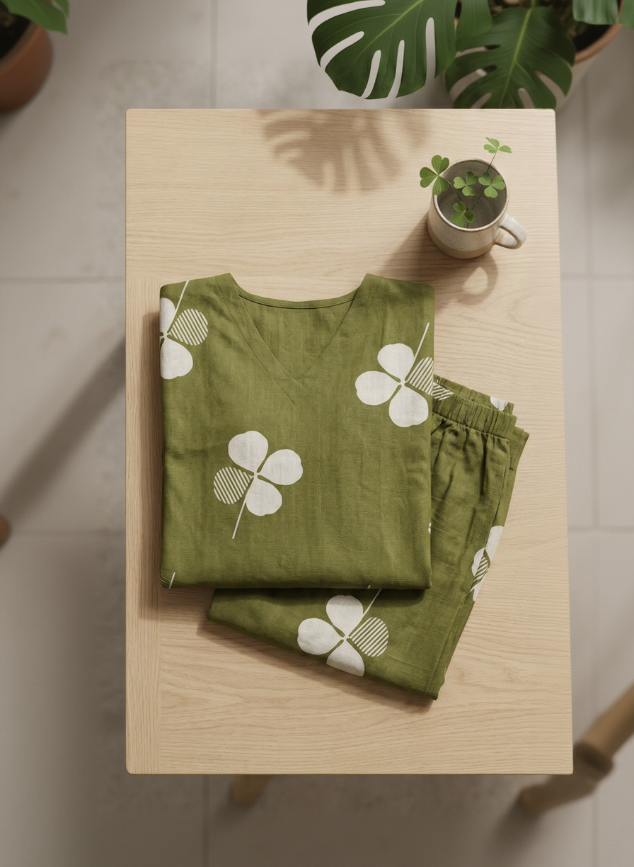 Gemini said Olive Green Floral Cotton Kurta Pant Set – Clover Leaf Daily Wear – Elegant V-Neck Co-ord for Women