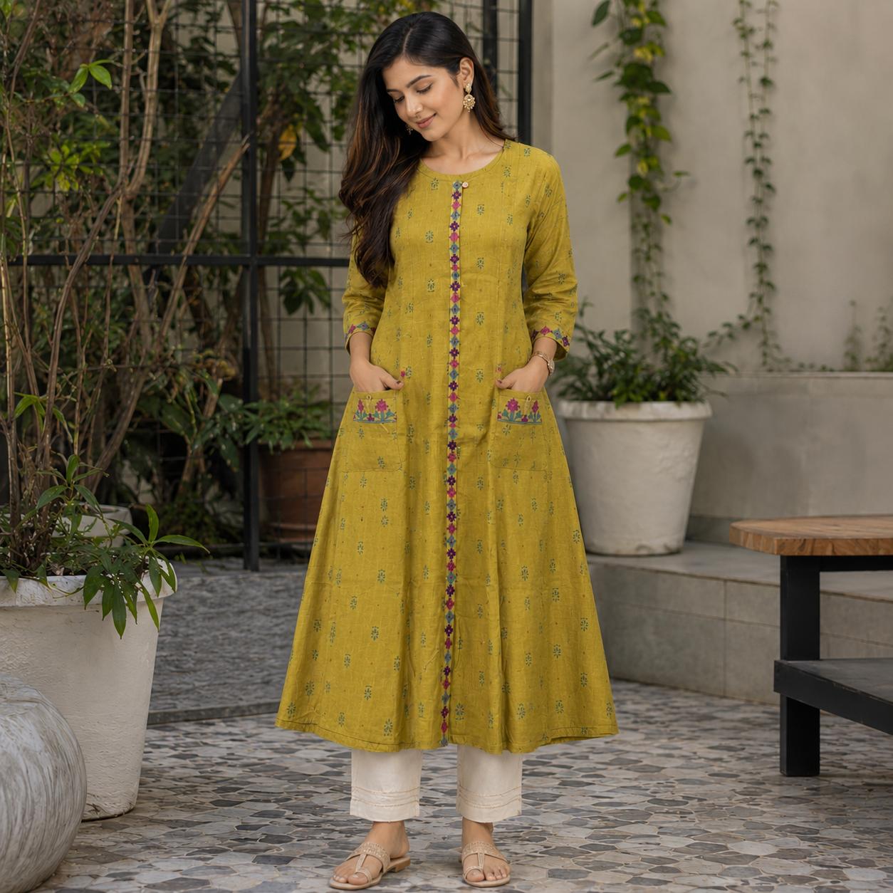 Olive Green Cotton A-Line Kurta – Floral Patch Pocket Detail – Smart Ethnic Wear