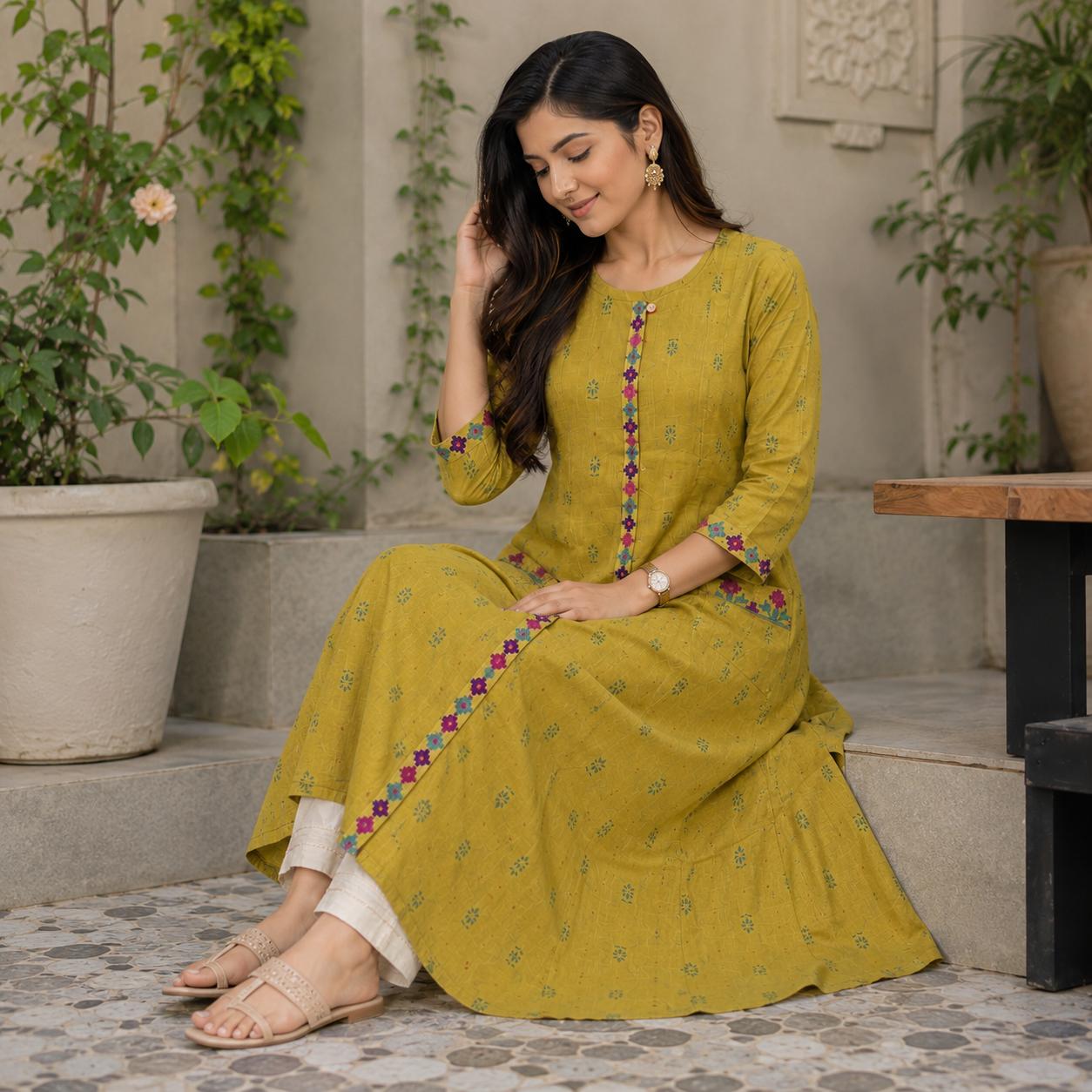 Olive Green Cotton A-Line Kurta – Floral Patch Pocket Detail – Smart Ethnic Wear
