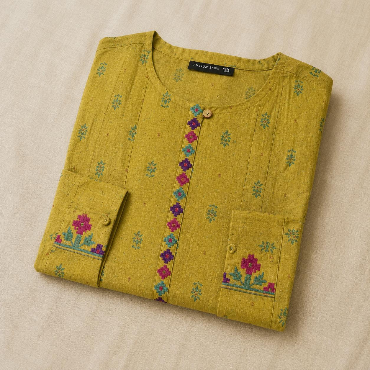 Olive Green Cotton A-Line Kurta – Floral Patch Pocket Detail – Smart Ethnic Wear