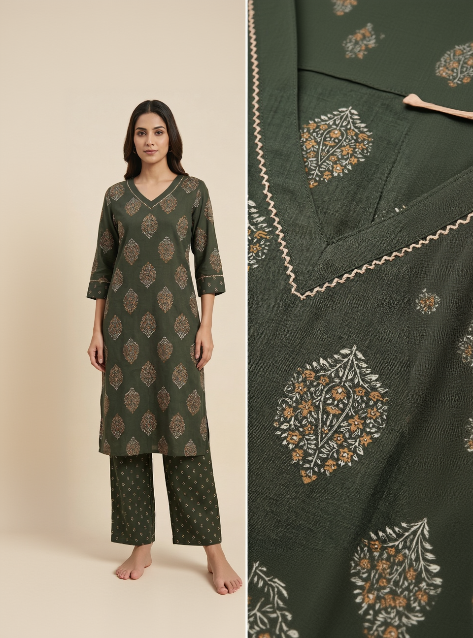 Anvita Dark Green Cotton Slub Kurta Set – Gold Foil Paisley Print – Elegant 2-Piece Ethnic Wear