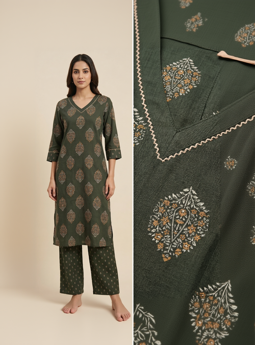 Anvita Dark Green Cotton Slub Kurta Set – Gold Foil Paisley Print – Elegant 2-Piece Ethnic Wear