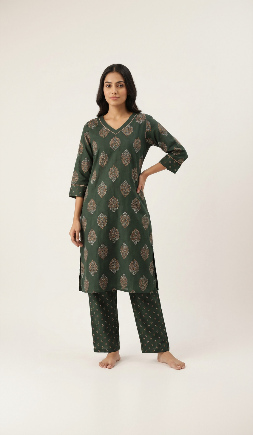 Anvita Dark Green Cotton Slub Kurta Set – Gold Foil Paisley Print – Elegant 2-Piece Ethnic Wear