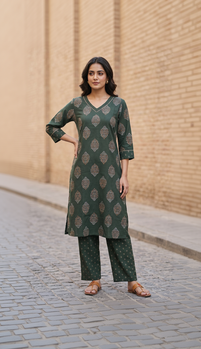 Anvita Dark Green Cotton Slub Kurta Set – Gold Foil Paisley Print – Elegant 2-Piece Ethnic Wear