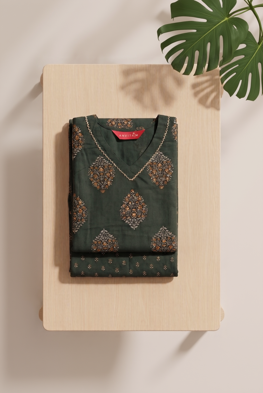 Anvita Dark Green Cotton Slub Kurta Set – Gold Foil Paisley Print – Elegant 2-Piece Ethnic Wear