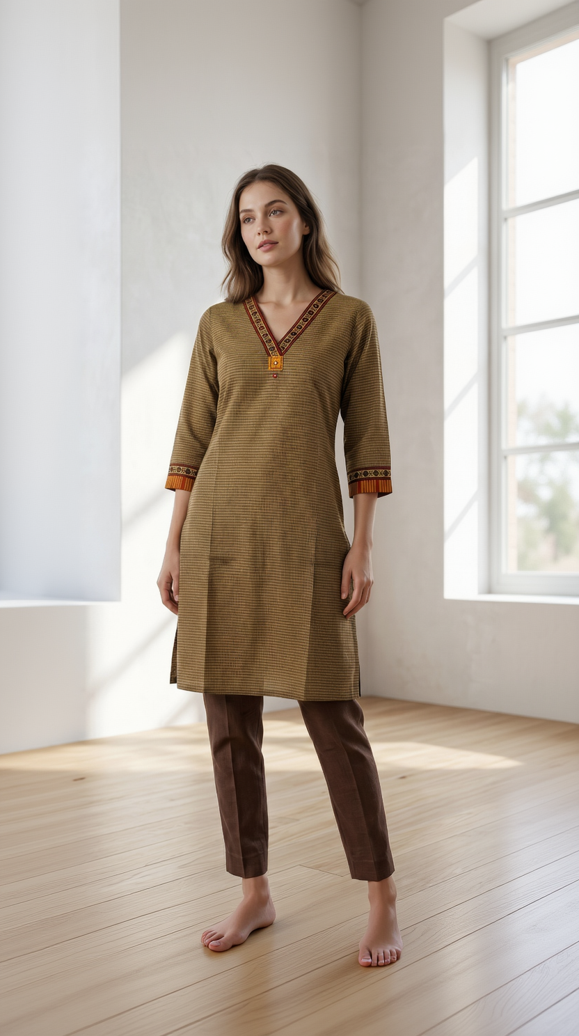Anvita Olive Khaki Micro-Check Kurta – Contrast Ethnic Borders – Sophisticated Daily Wear