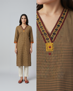 Anvita Olive Khaki Micro-Check Kurta – Contrast Ethnic Borders – Sophisticated Daily Wear