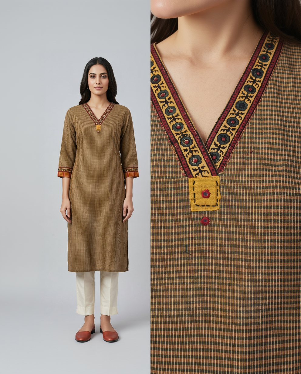 Anvita Olive Khaki Micro-Check Kurta – Contrast Ethnic Borders – Sophisticated Daily Wear