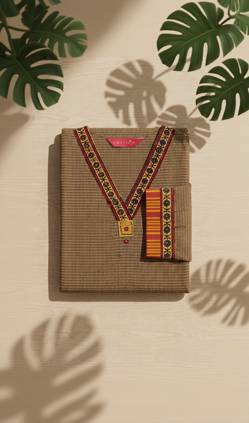 Anvita Olive Khaki Micro-Check Kurta – Contrast Ethnic Borders – Sophisticated Daily Wear