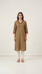 Anvita Olive Khaki Micro-Check Kurta – Contrast Ethnic Borders – Sophisticated Daily Wear