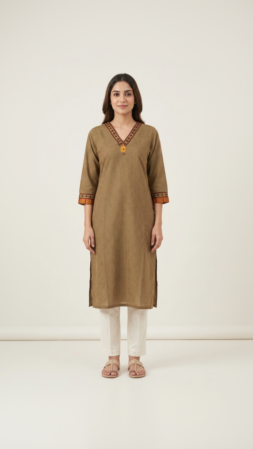 Anvita Olive Khaki Micro-Check Kurta – Contrast Ethnic Borders – Sophisticated Daily Wear