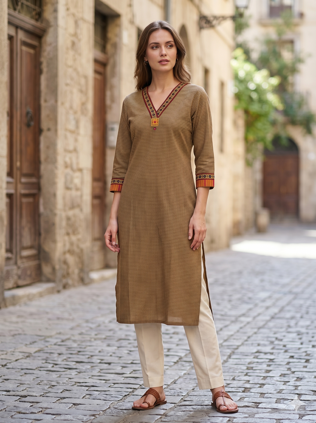Anvita Olive Khaki Micro-Check Kurta – Contrast Ethnic Borders – Sophisticated Daily Wear