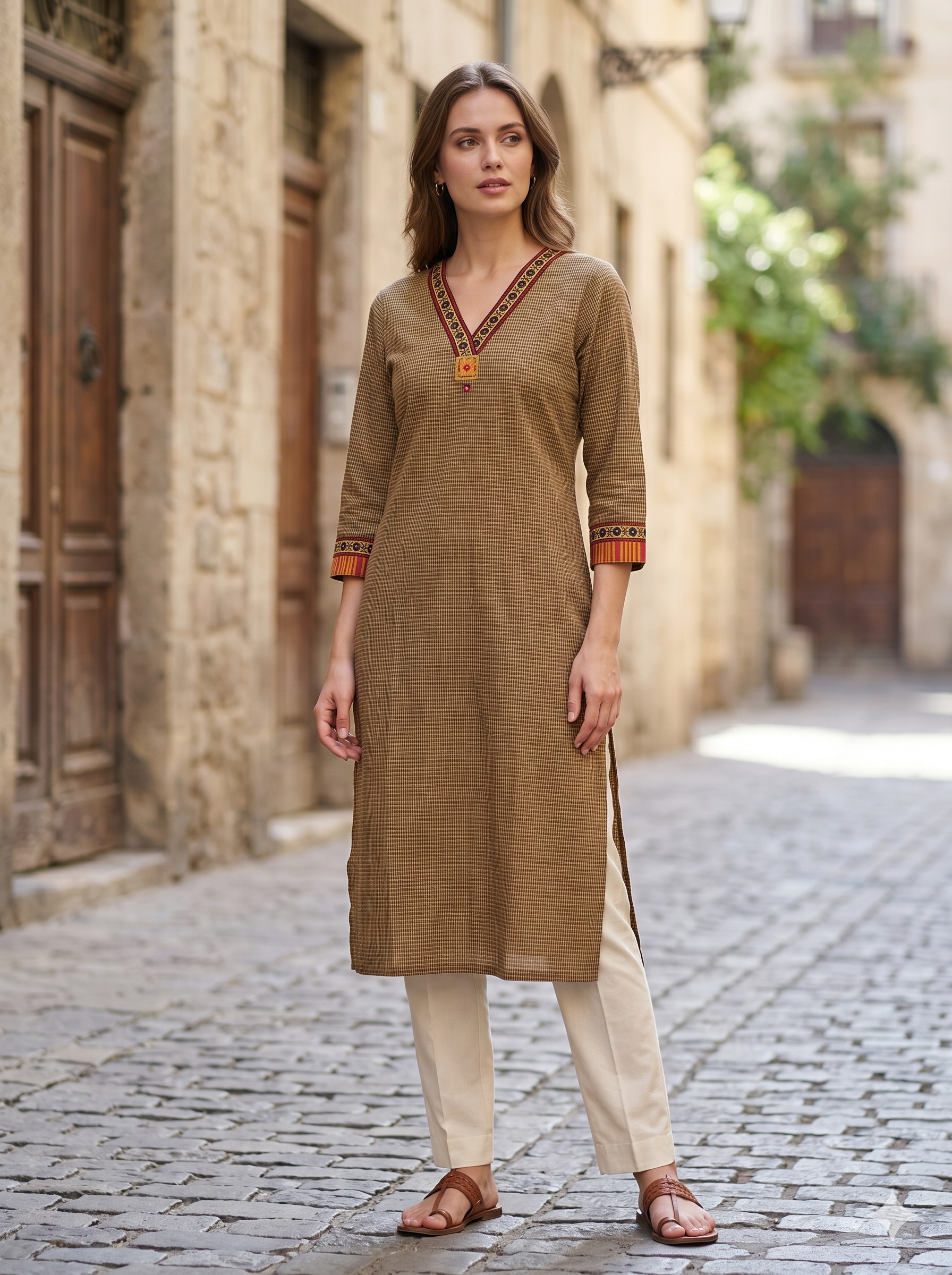Anvita Olive Khaki Micro-Check Kurta – Contrast Ethnic Borders – Sophisticated Daily Wear