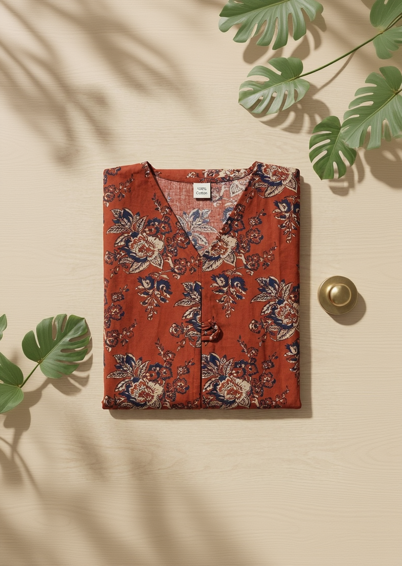 Red & Orange Floral Cotton Kurta – Kalamkari Work Daily Wear – Elegant Short Kurta for Women