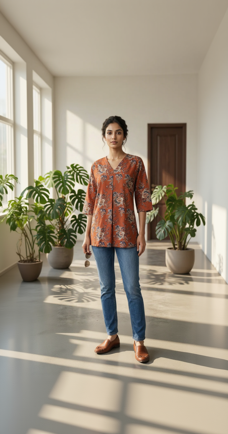 Red & Orange Floral Cotton Kurta – Kalamkari Work Daily Wear – Elegant Short Kurta for Women