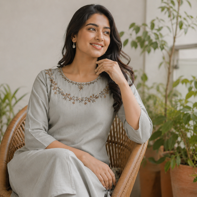Revanta Silver Grey Berlin Silk Kurta – Side Slit Embroidery, Bead Work & Net Neck Detail – Elegant Ethnic Wear