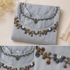 Revanta Silver Grey Berlin Silk Kurta – Side Slit Embroidery, Bead Work & Net Neck Detail – Elegant Ethnic Wear