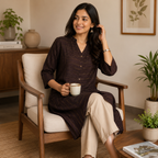Revanta Coffee Brown Rayon Kurta – Half Chinese Collar & Woven Design – Elegant Ethnic Wear