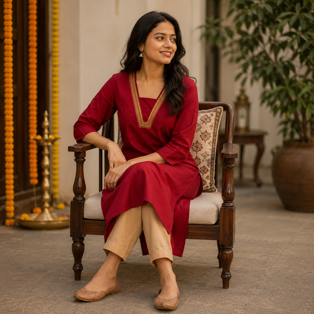 Revanta Dark Red Handloom Cotton Kurta – Jacquard Patti Neck Detail & Inner Lining – Elegant Ethnic Wear