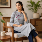 Revanta Cream A-Line Cotton Kurta – Mandarin Collar, Floral Print & Convenient Side Pocket – Elegant Ethnic Wear