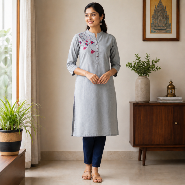 Revanta Cream A-Line Cotton Kurta – Mandarin Collar, Floral Print & Convenient Side Pocket – Elegant Ethnic Wear