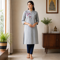 Revanta Cream A-Line Cotton Kurta – Mandarin Collar, Floral Print & Convenient Side Pocket – Elegant Ethnic Wear