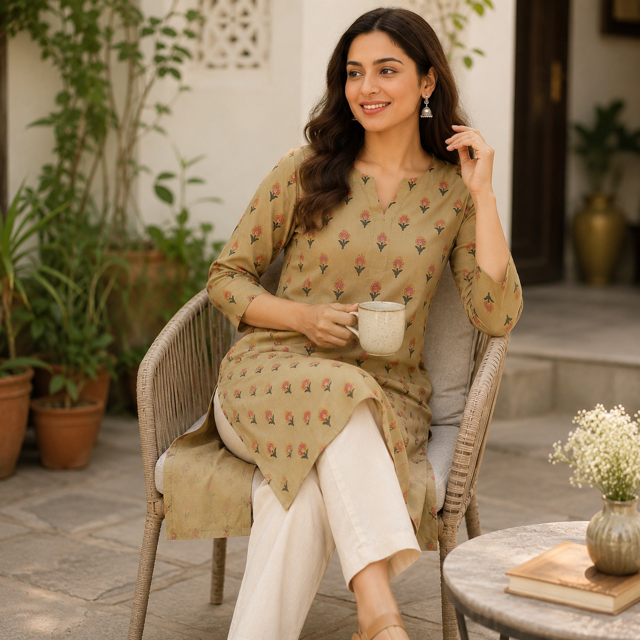 Revanta Cotton Cream Aline Kuta with Chineese collar with one side pocket  with floral prints