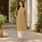 Revanta Cotton Cream Aline Kuta with Chineese collar with one side pocket  with floral prints