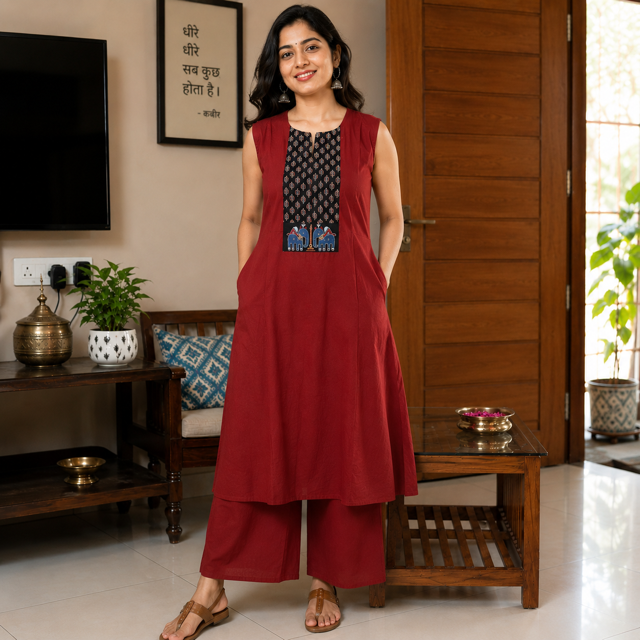 Revanta Maroon Cotton A Line Kurta – Printed Yoke with Traditional Motif Embroidery front & back  3/4 Sleeveless attached inside